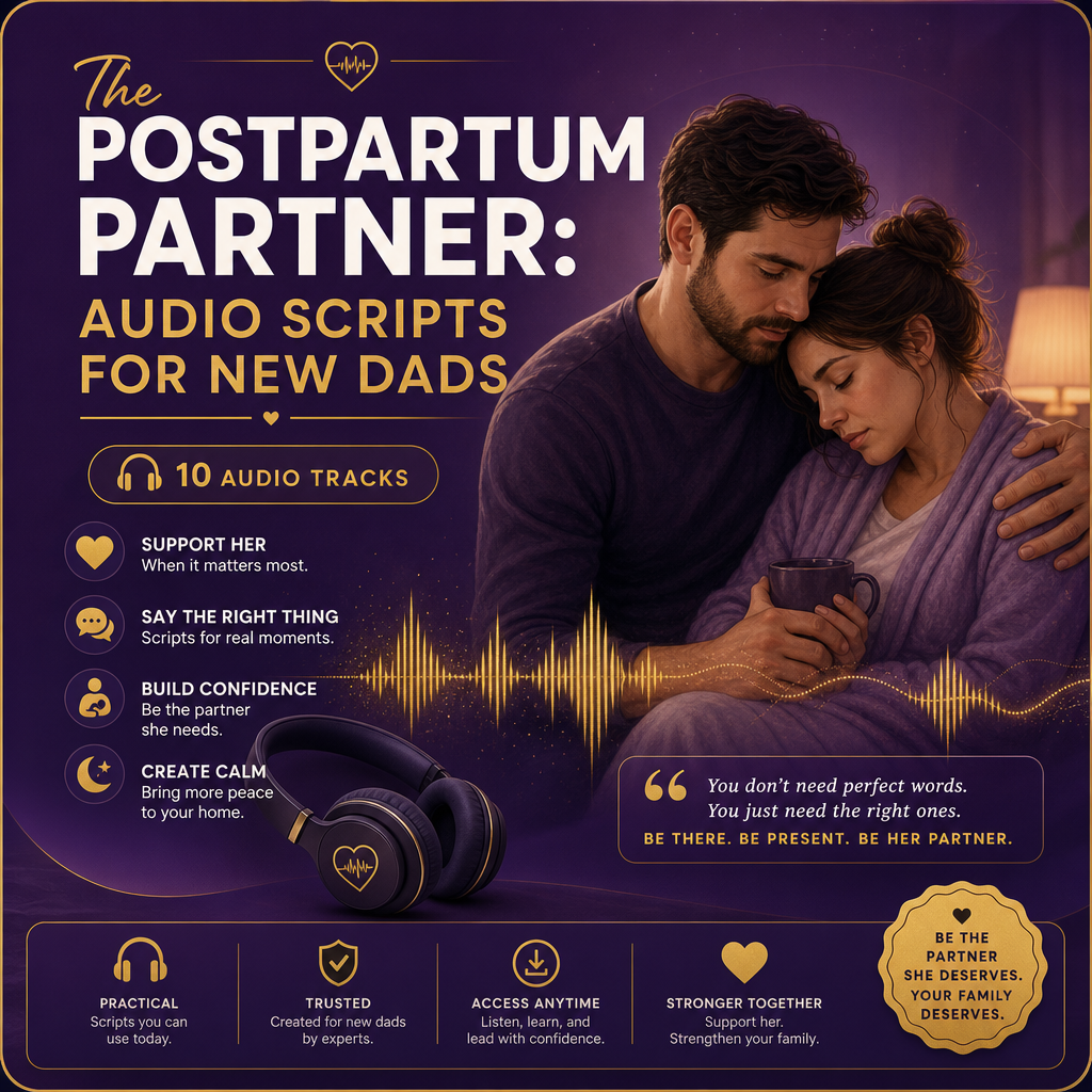 The Postpartum Partner — Audio Scripts for New Dads product cover showing a father supporting a mother with headphones and audio wave elements